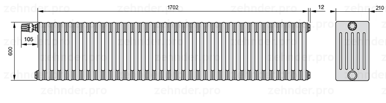 Схема (чертеж) Радиатор Zehnder Charleston 6060/37 №V012 Белый глянцевый RAL 9016